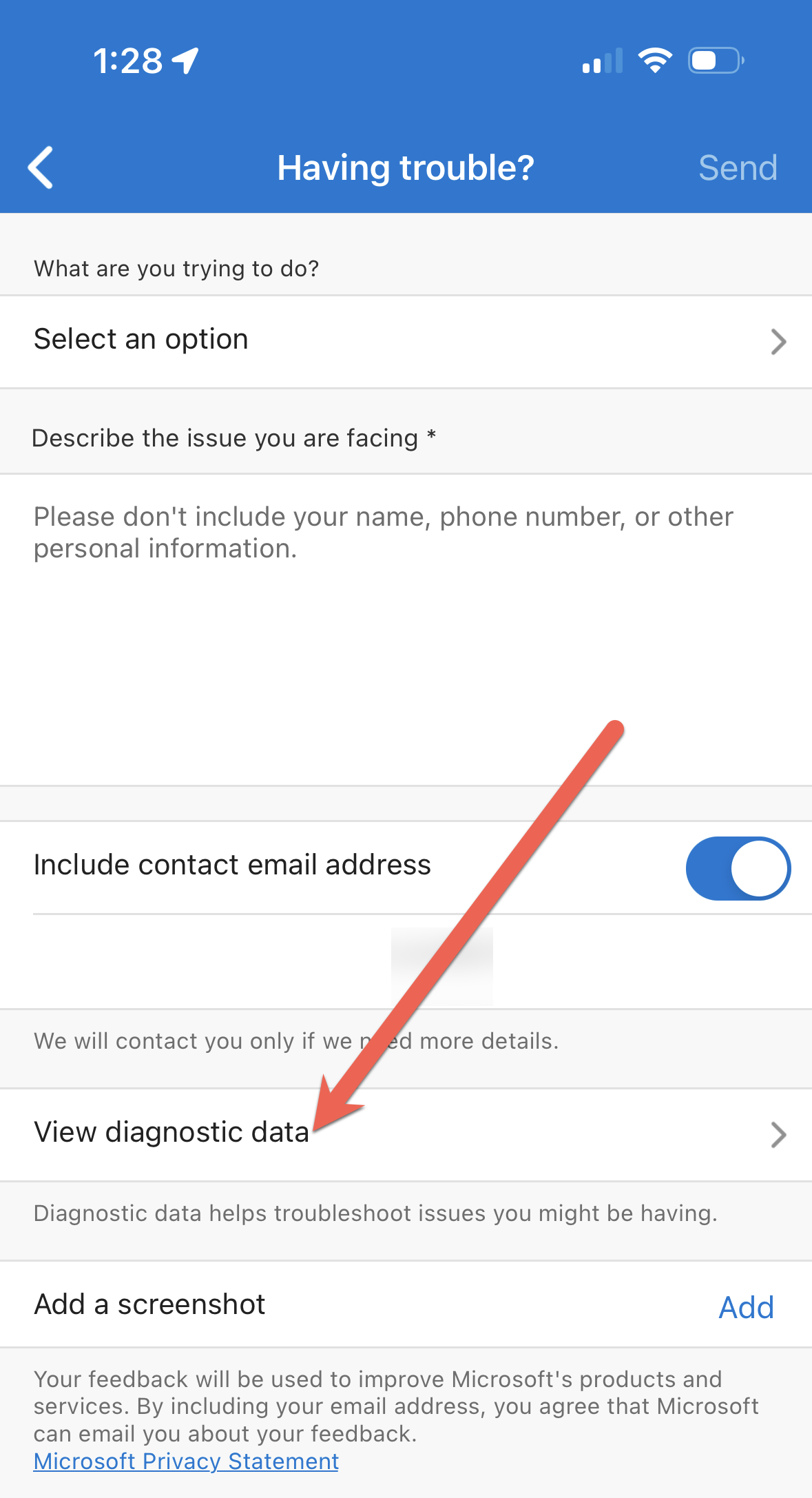 Cuplikan layar memperlihatkan tombol tampilkan data diagnostik di aplikasi Microsoft Authenticator.