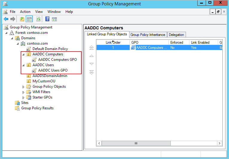 GPO bawaan diterapkan ke kontainer 'Komputer AADDC' dan 'Pengguna AADDC' default