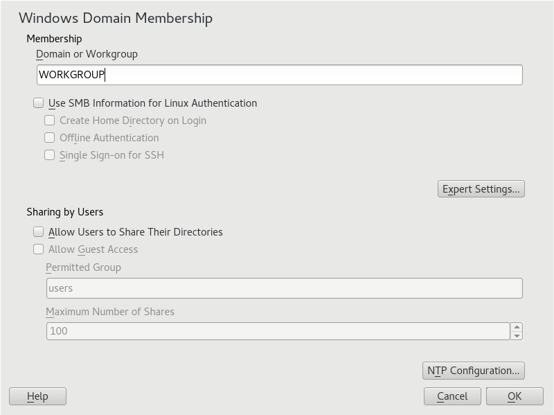 Contoh cuplikan layar pada jendela Windows Domain Membership di YaST