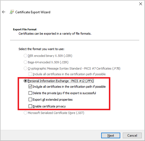 Pilih opsi untuk mengekspor sertifikat dalam format file PKCS 12 (.PFX)