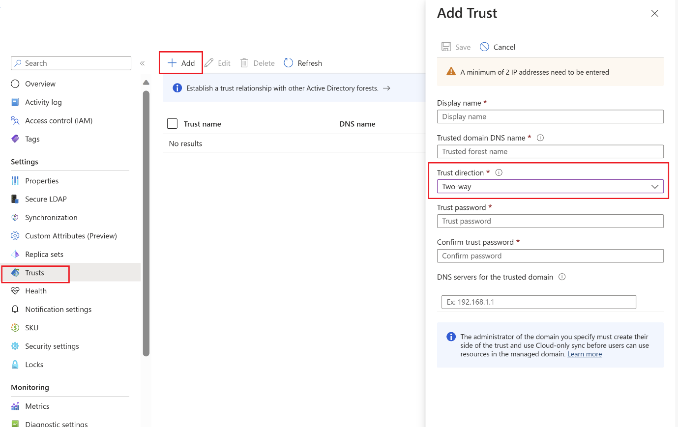 Cuplikan layar cara membuat kepercayaan forest keluar di pusat admin Microsoft Entra.