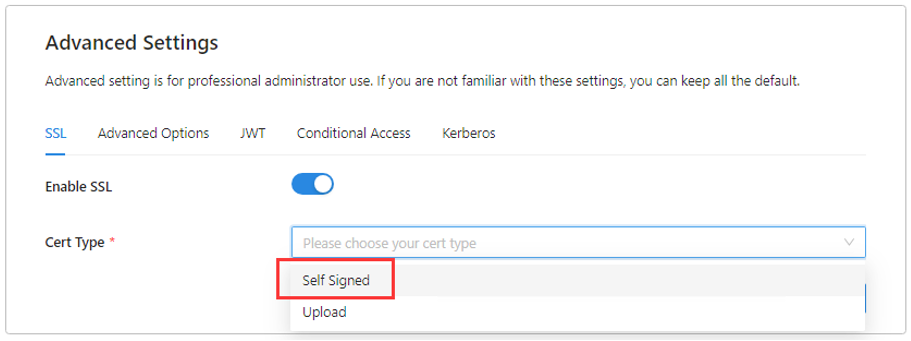 Cuplikan layar memperlihatkan menu dropdown Jenis Cert.