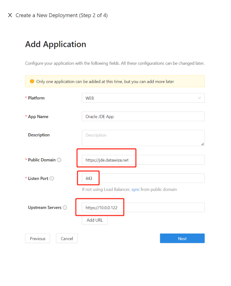 Cuplikan layar entri Domain Publik, Port Dengar, dan Server Upstream.