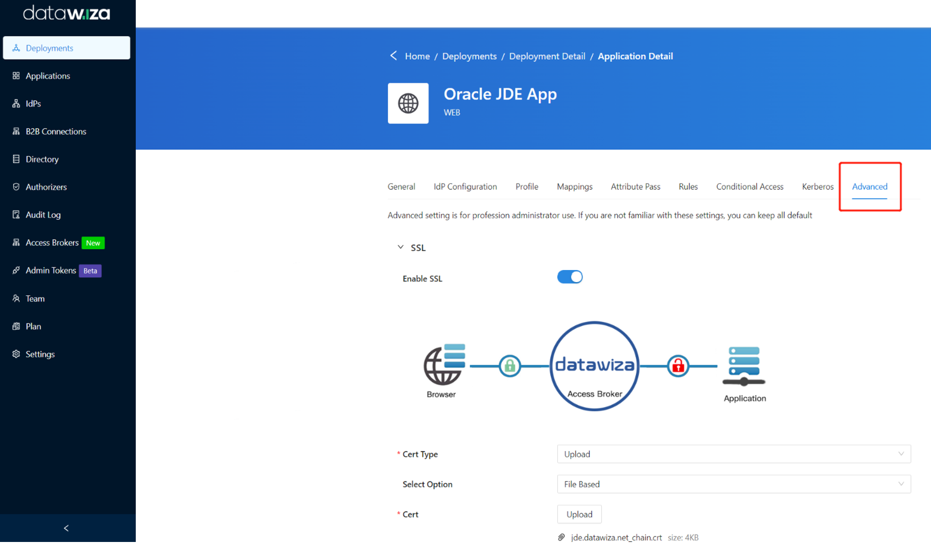 Cuplikan layar informasi pada tab Tingkat Lanjut.