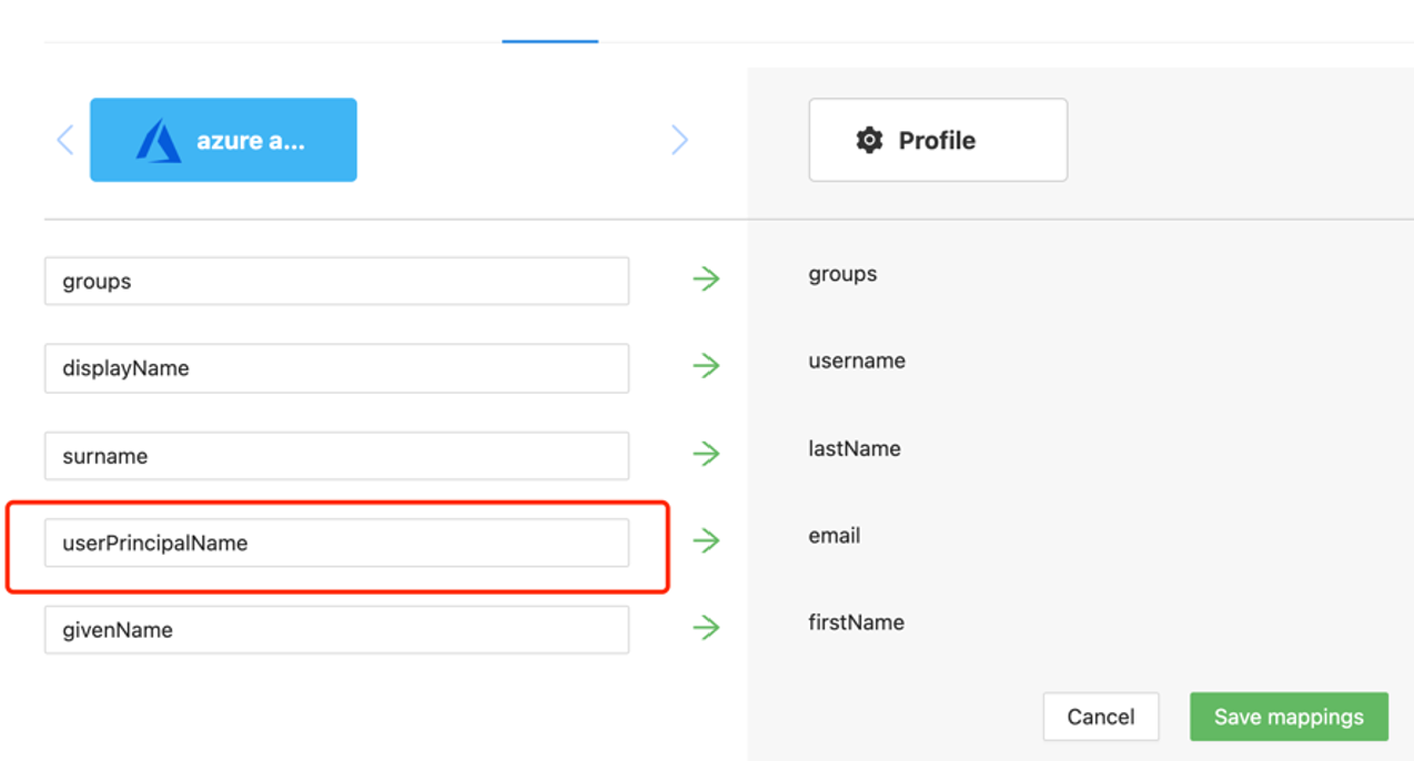 Cuplikan layar entri userPrincipalName.