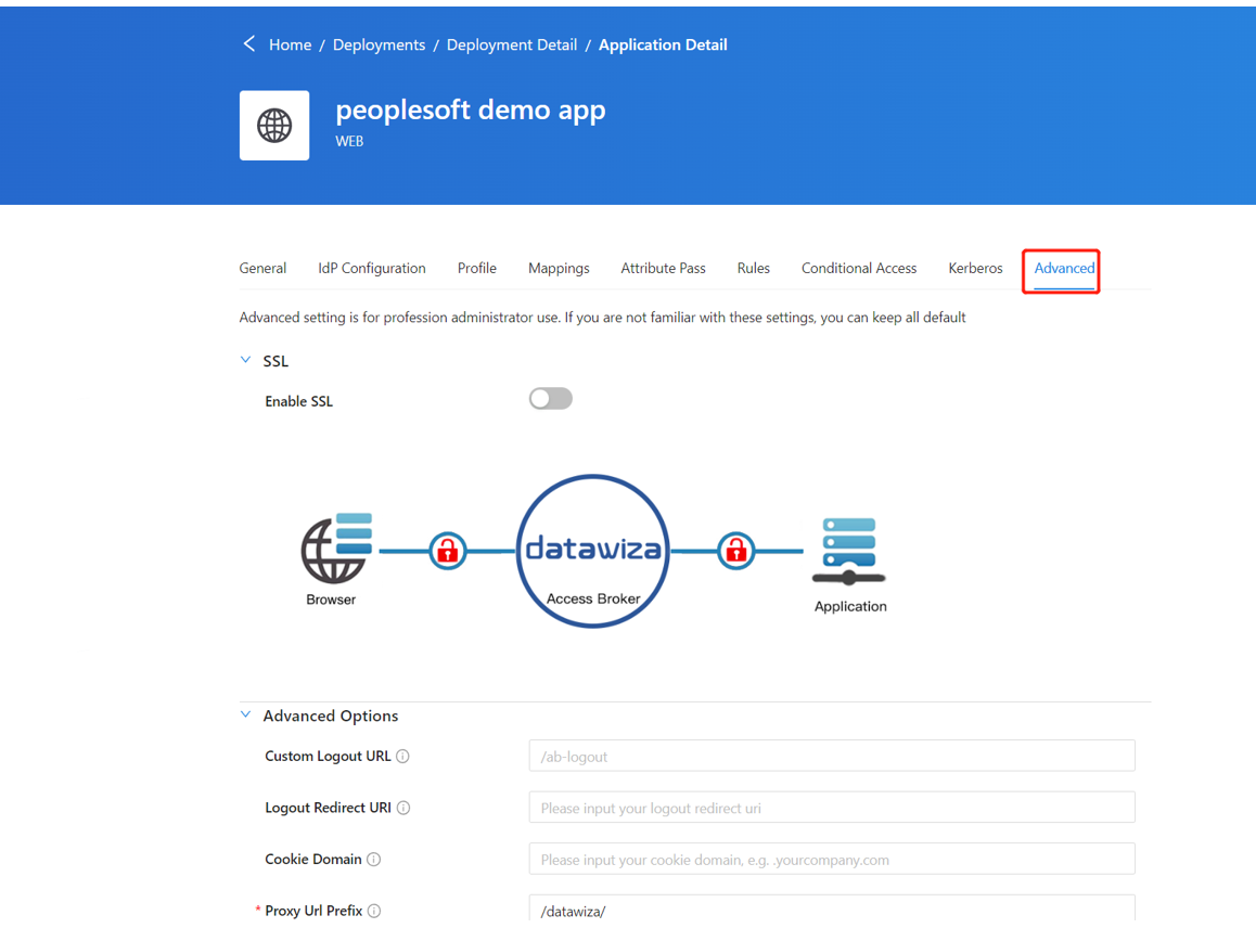 Cuplikan layar tab Tingkat Lanjut di bawah Detail Aplikasi.