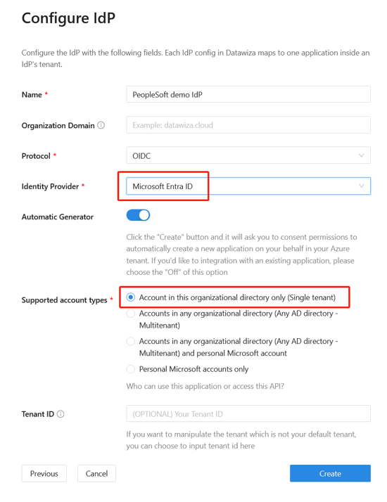 Cuplikan layar entri di bawah Konfigurasi IDP.