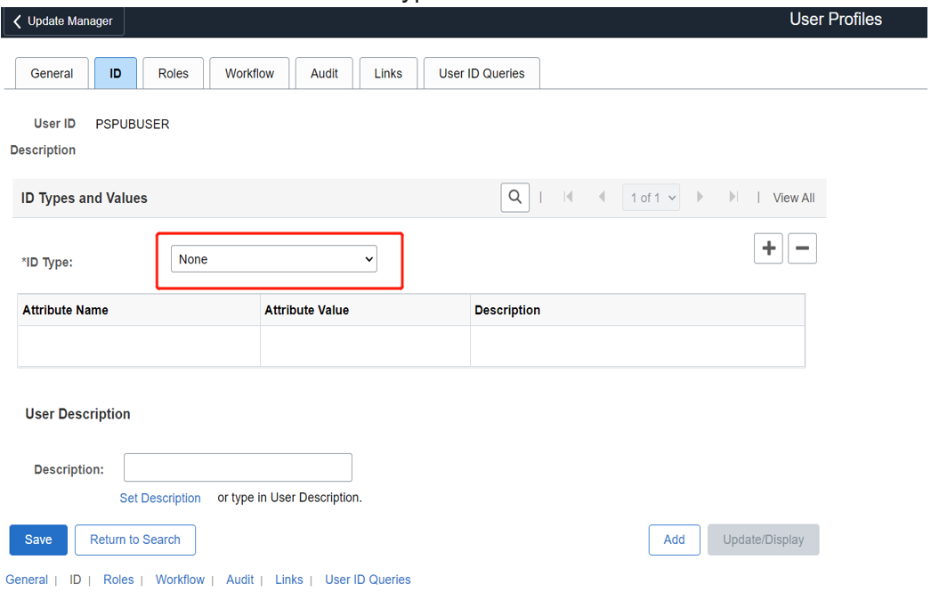 Cuplikan layar opsi Tidak Ada untuk Jenis ID pada tab ID.