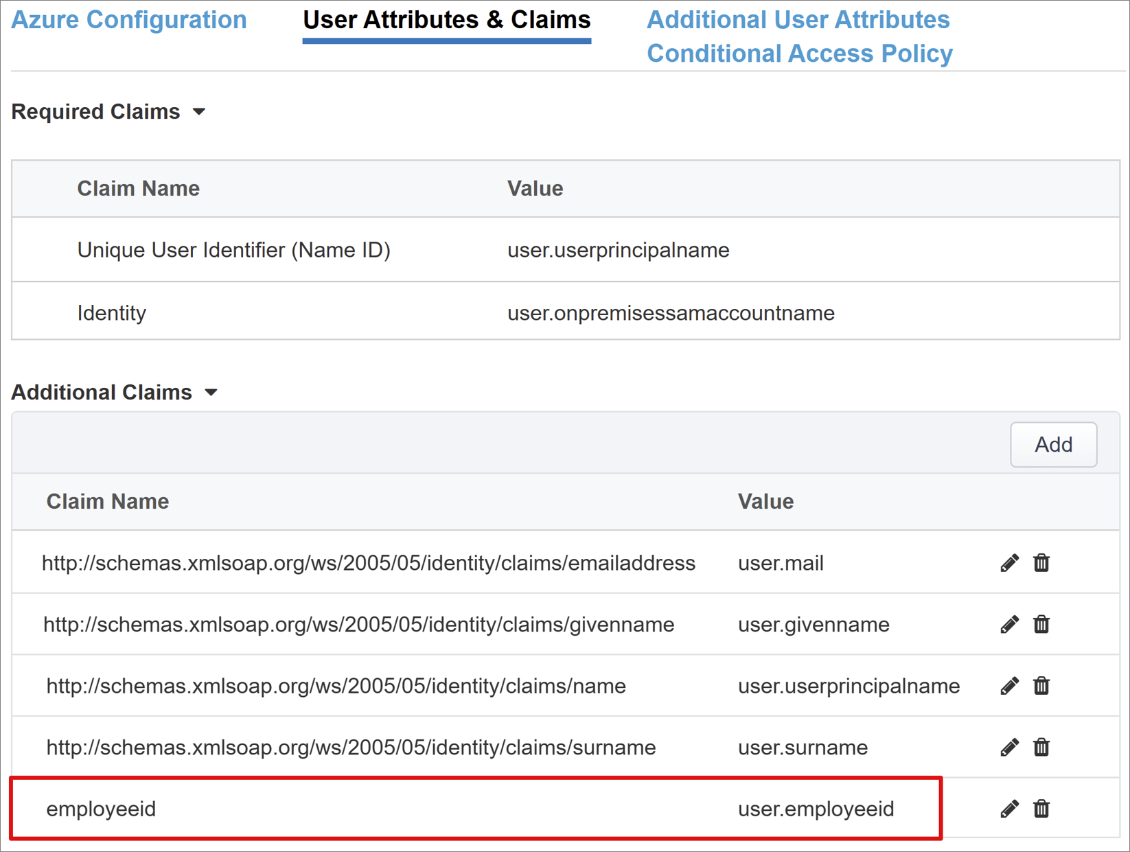 Cuplikan layar nilai employeeid di bawah Klaim Tambahan, pada Atribut dan Klaim Pengguna.
