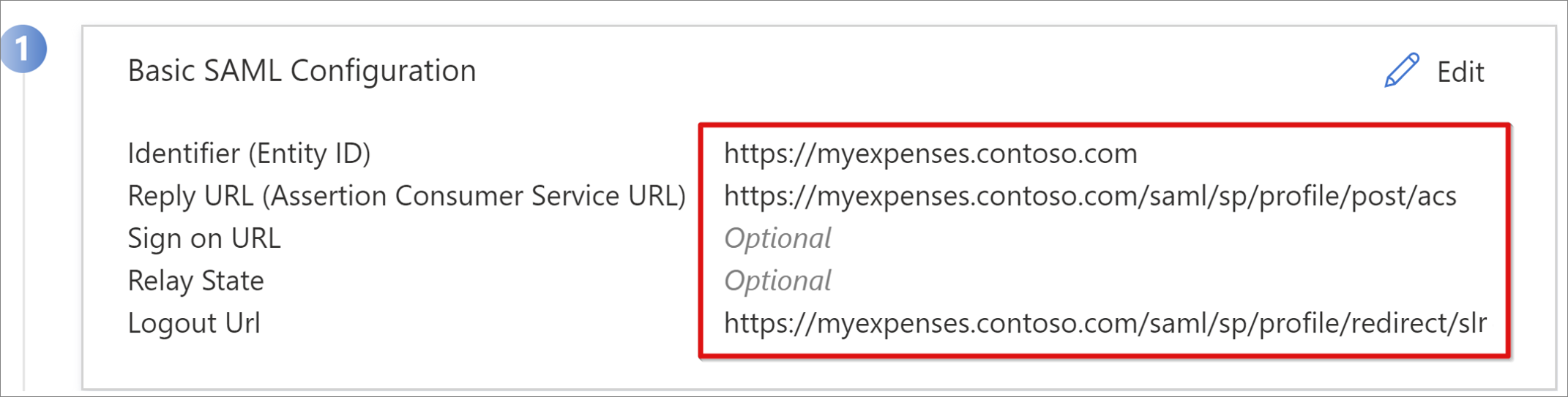 Cuplikan layar entri URL dalam Konfigurasi SAML Dasar.