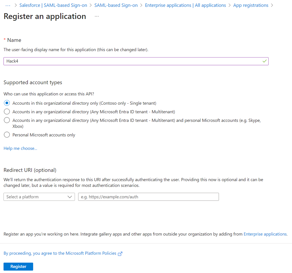 Tangkapan layar opsi Akun di direktori organisasi mana pun (Direktori Microsoft Entra mana pun - Multitenant).