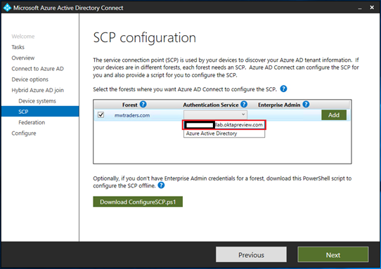 Cuplikan layar menu dropdown Layanan Autentikasi pada dialog Microsoft Entra Connect.
