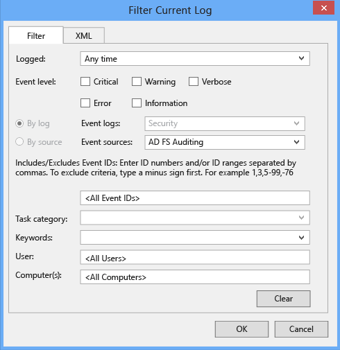 Cuplikan layar yang memperlihatkan jendela Filter Log Saat Ini, dengan audit AD FS dipilih.