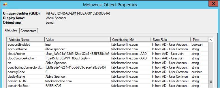 Cuplikan layar yang memperlihatkan daftar atribut pengguna untuk Metaverse Object Properties.
