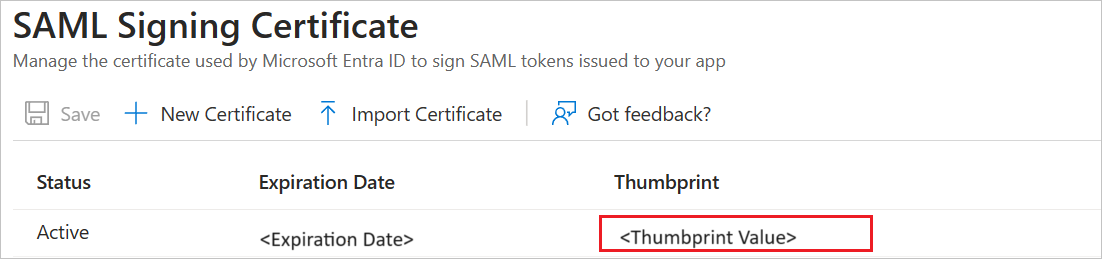 Cuplikan layar memperlihatkan untuk menyalin nilai Thumbprint.