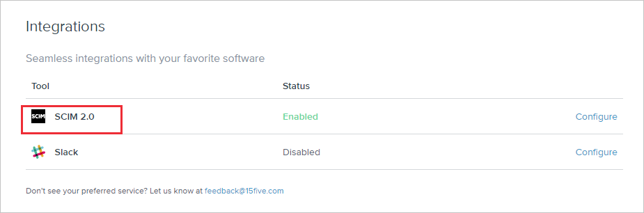 Cuplikan layar halaman Integrasi di konsol admin 15Five. Di bagian Alat, SCIM 2.0 disorot.