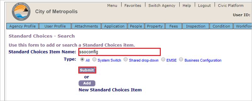 Cuplikan layar memperlihatkan Pencarian Pilihan Standar dengan nama s s o config yang dimasukkan.