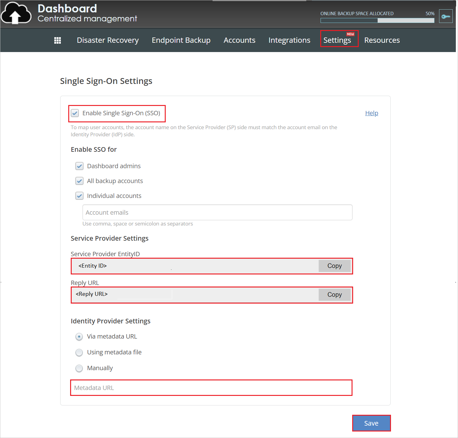 Configuration Screenshot that shows the Configuration Settings.