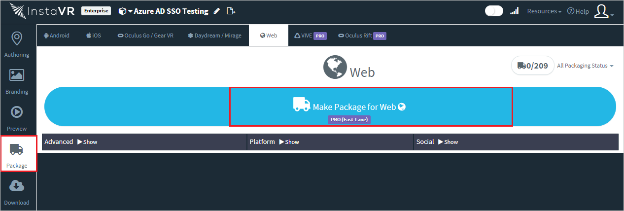 Cuplikan layar memperlihatkan situs perusahaan InstaVR Viewer dengan Pilih Paket dan membuat paket untuk Web yang dipilih.