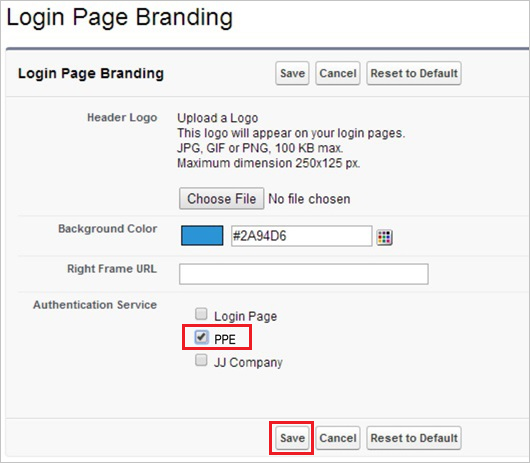 Cuplikan layar memperlihatkan bagian Branding Halaman Masuk dengan PPE dan Simpan dipilih.