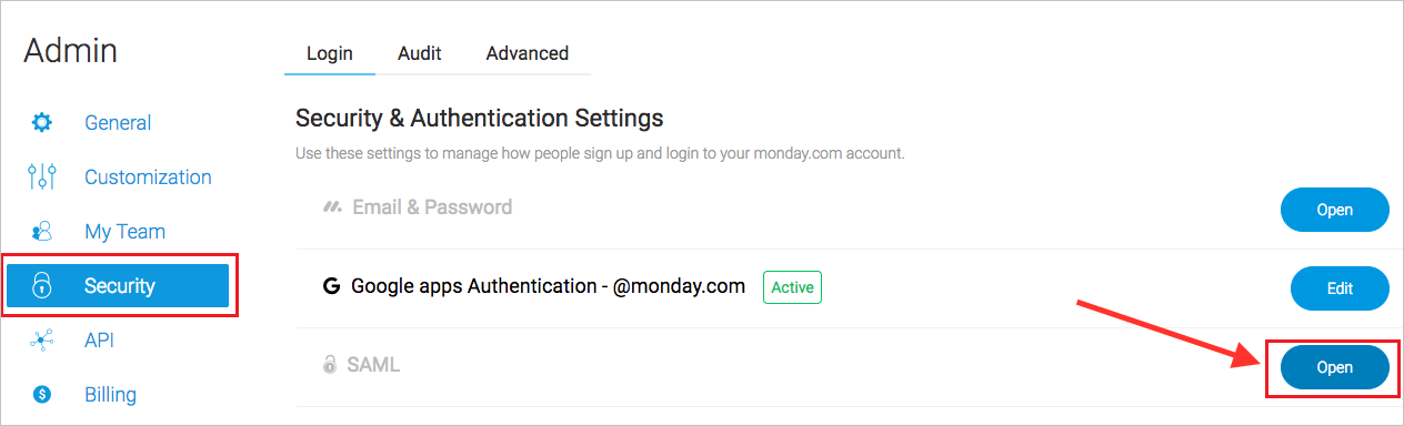 Cuplikan layar memperlihatkan tab Keamanan dengan opsi untuk Buka di samping SAML.