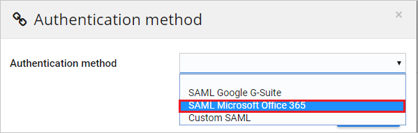 Cuplikan layar menunjukkan metode Autentikasi yang dipilih dengan SAML Microsoft Office 365.