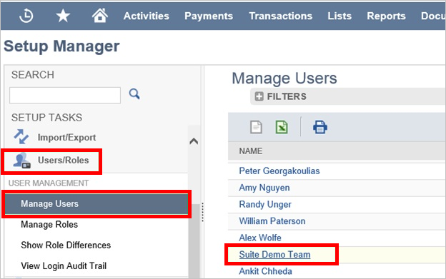 Cuplikan layar memperlihatkan panel Kelola Pengguna tempat Anda dapat memilih Suite Demo Team.