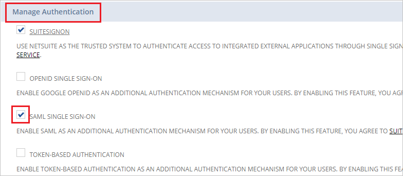 Cuplikan layar memperlihatkan Kelola Autentikasi tempat Anda dapat memilih Single Sign-on SAML.