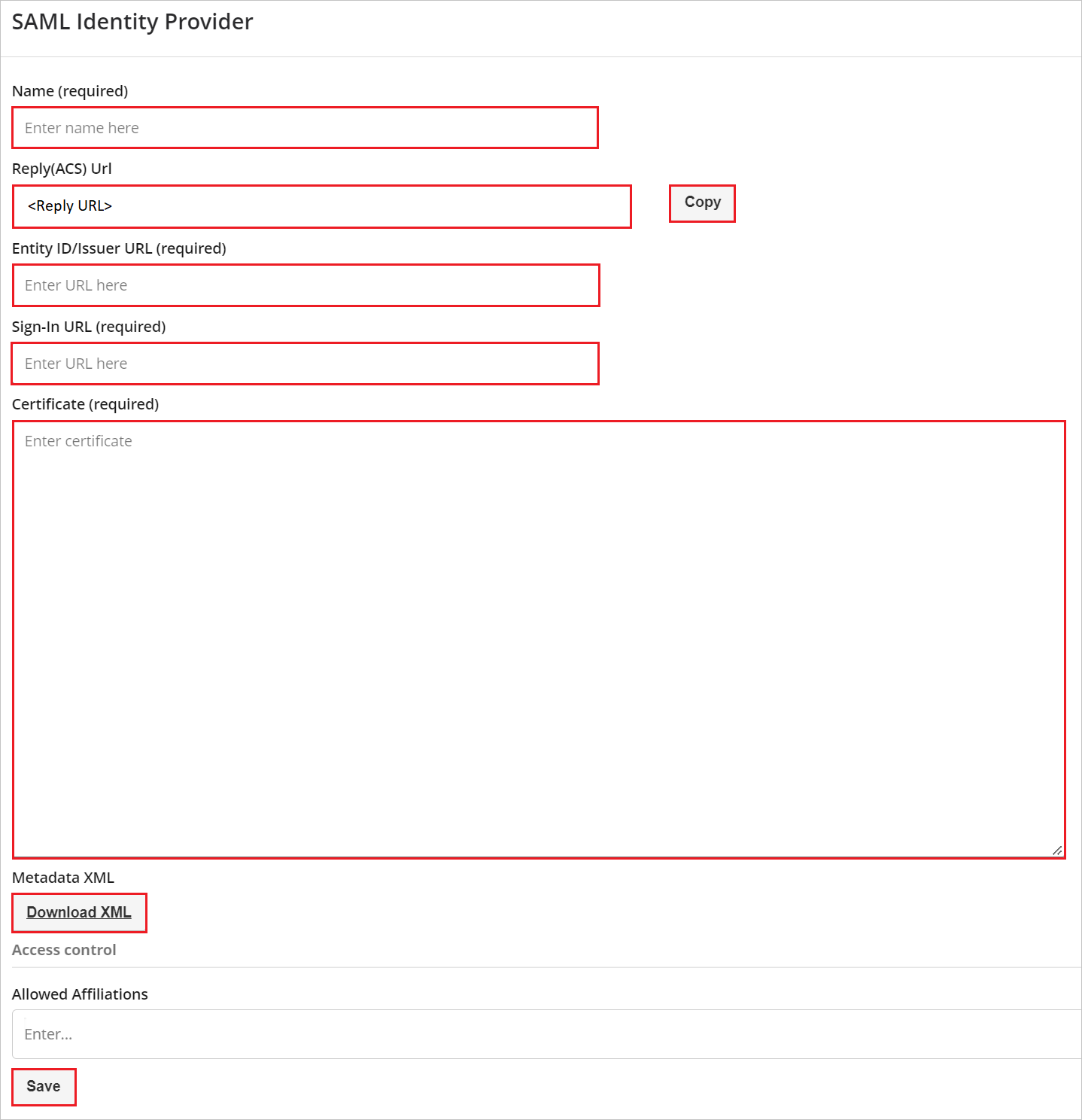 Cuplikan layar memperlihatkan pengaturan SAML