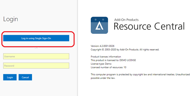 Cuplikan layar halaman web uji SSO Resource Central.