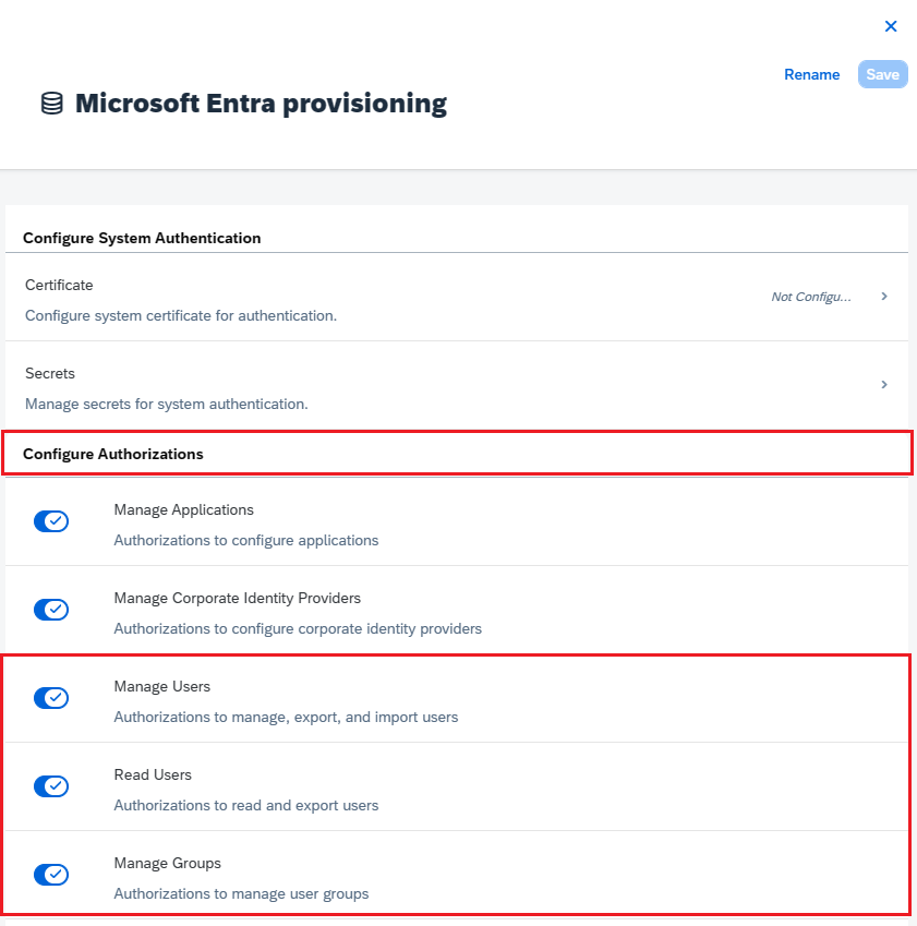 Cuplikan layar SAP Cloud Identity Services Tambahkan SCIM.