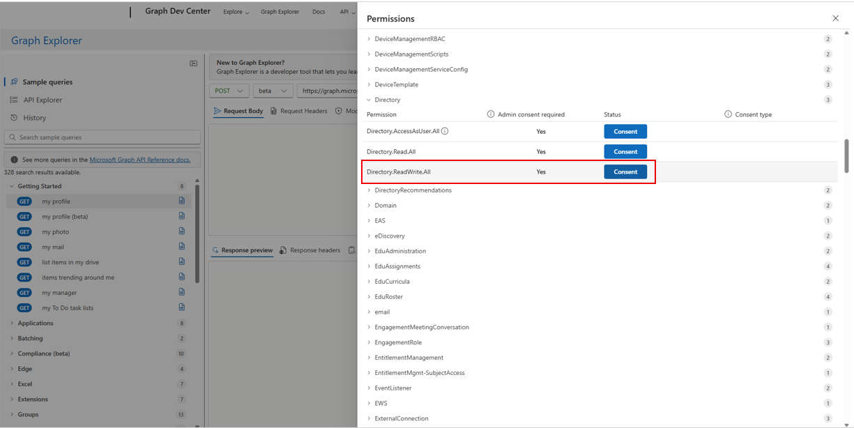 Cuplikan layar Izin di Graph Explorer, tempat admin memilih opsi untuk memberikan persetujuan untuk izin Directory.ReadWrite.All.