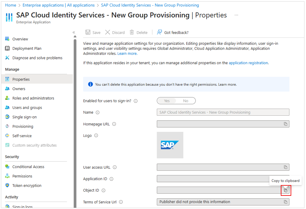 Cuplikan layar tempat menyalin ID Objek di bilah Properti konektor SAP Cloud Identity Services.