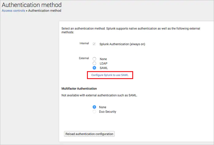 Cuplikan yang menampilkan Mengonfigurasi Splunk untuk menggunakan SAML.