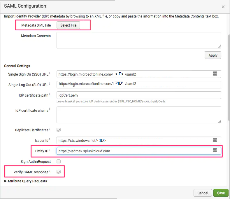 Cuplikan layar yang menunjukkan Konfigurasi Splunk untuk menggunakan SAML.