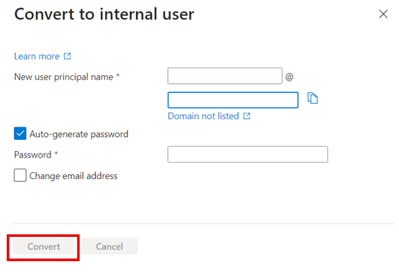 Cuplikan layar memperlihatkan kumpulan opsi terakhir yang harus dipilih sebelum mengonversi pengguna eksternal ke pengguna internal.