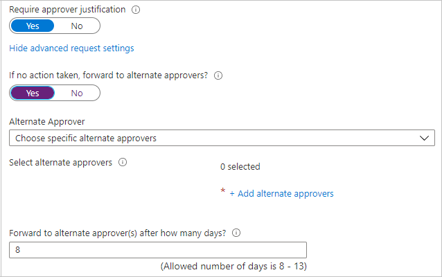 Cuplikan layar yang memperlihatkan pengaturan permintaan tingkat lanjut, termasuk tautan untuk menambahkan pemberi izin alternatif.