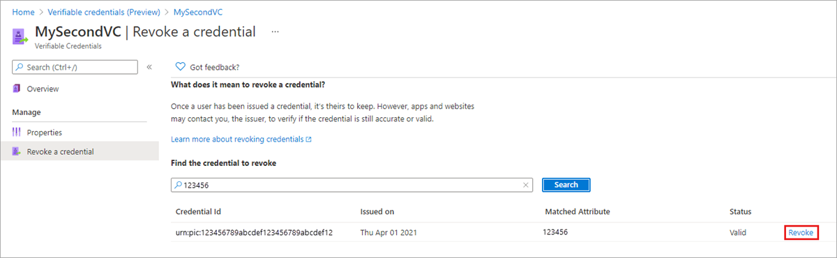Cuplikan layar yang memperlihatkan kredensial yang akan dicabut.
