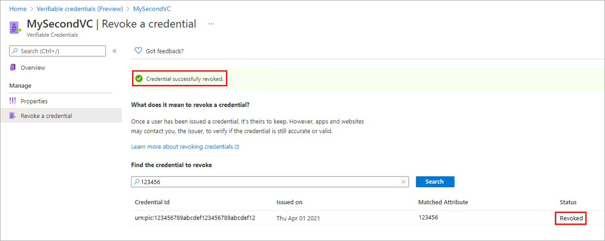 Cuplikan layar yang memperlihatkan pesan kredensial yang berhasil dicabut dan dapat diverifikasi.