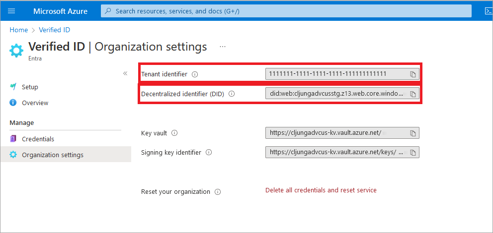 Cuplikan layar yang menunjukkan cara menyalin nilai yang diperlukan dari Microsoft Entra Verified ID.