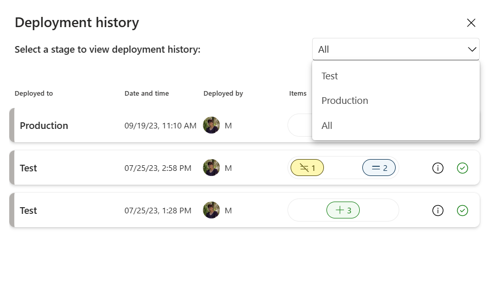 A screenshot of the deployment pipelines history pane.