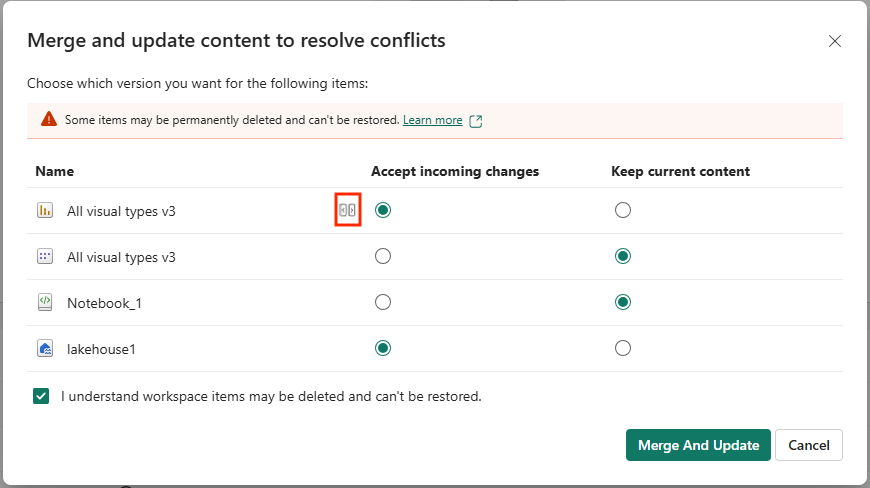 Cuplikan layar UI untuk memilih versi item yang berkonflik mana yang akan disimpan.