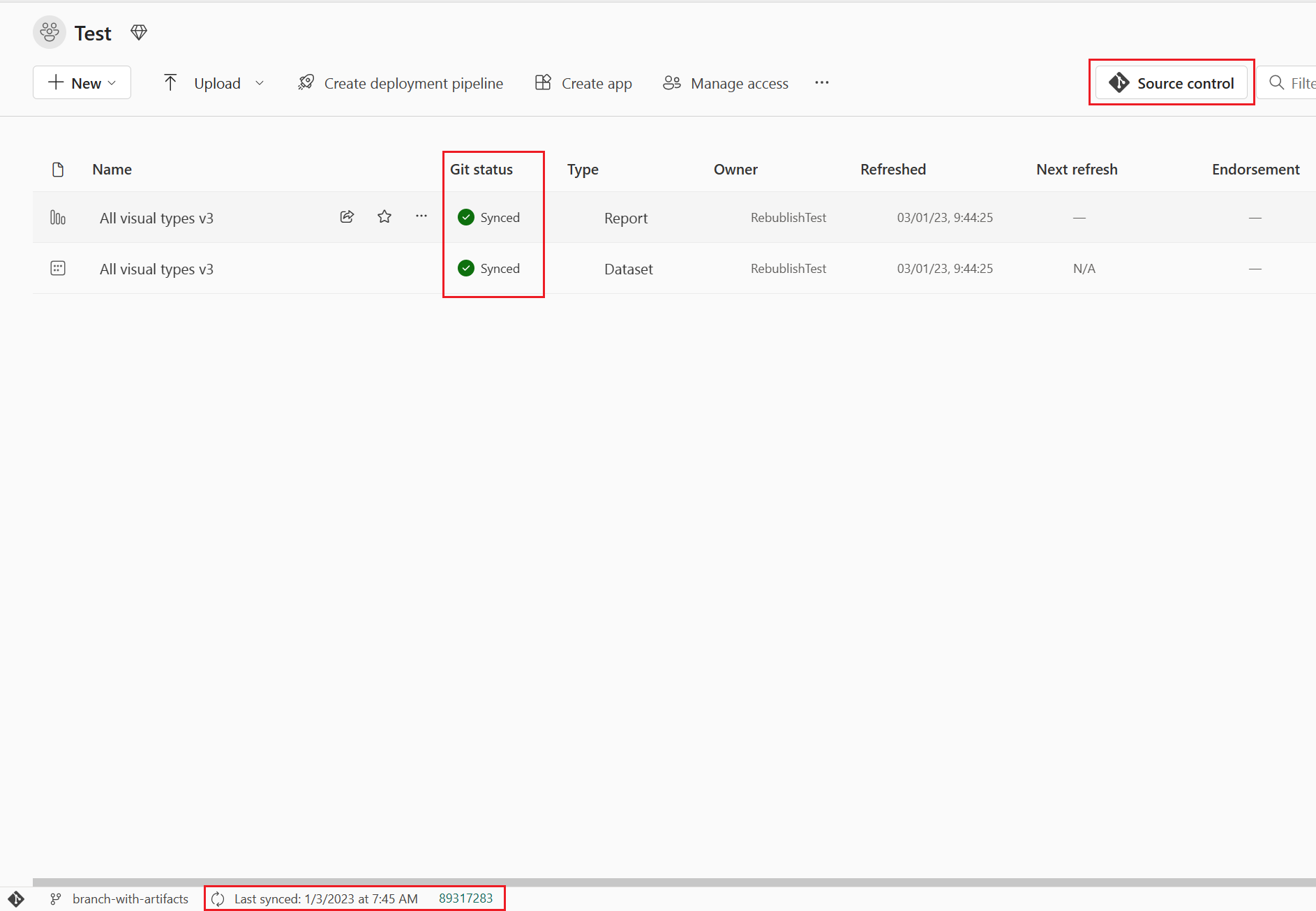 Cuplikan layar ikon kontrol sumber dan informasi Git lainnya.