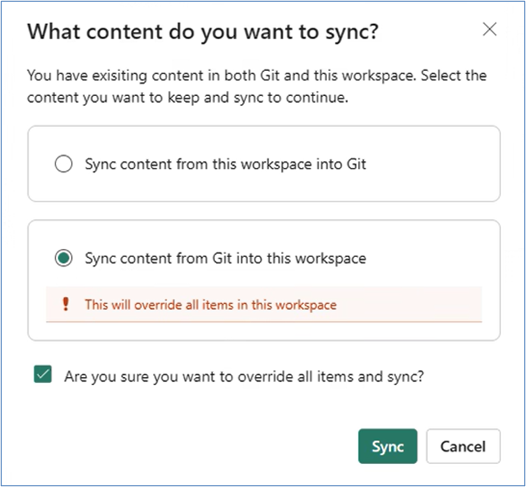 Screenshot of dialog asking which direction to sync if both Git and the workspace have content.