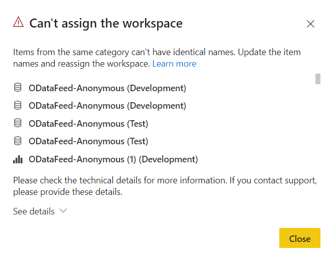 Cuplikan layar *Tidak dapat menetapkan pesan kesalahan ruang kerja* dalam alur penyebaran.