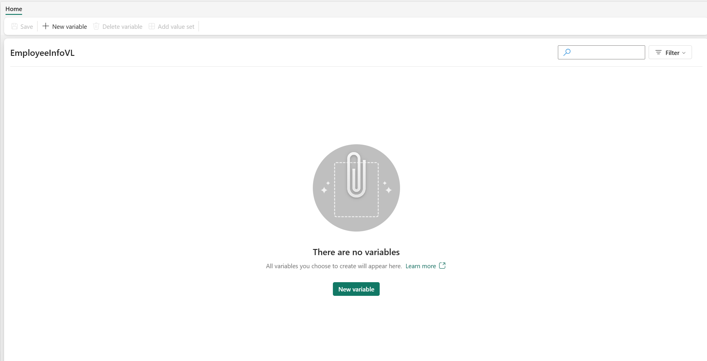 Cuplikan layar pustaka variabel kosong dengan tombol untuk variabel baru.