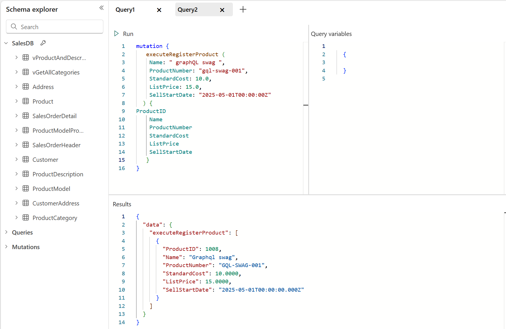 Mutasi di portal GraphQL API yang menampilkan hasilnya