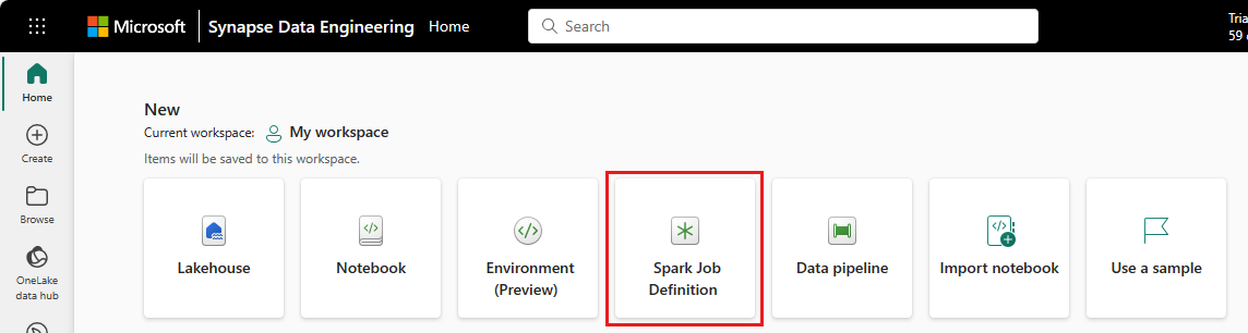 Cuplikan layar memperlihatkan tempat untuk memilih kartu definisi kerja Spark.