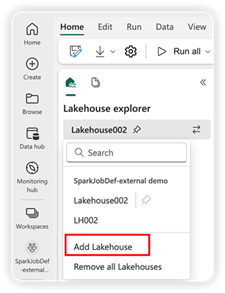 Screenshot showing where to find the Add lakehouse option.
