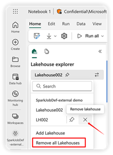 Screenshot showing where to remove a lakehouse.